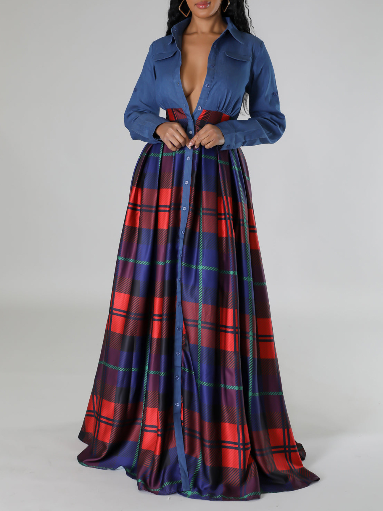 Fashion Casual Printed Lapel Shirt Long Dress