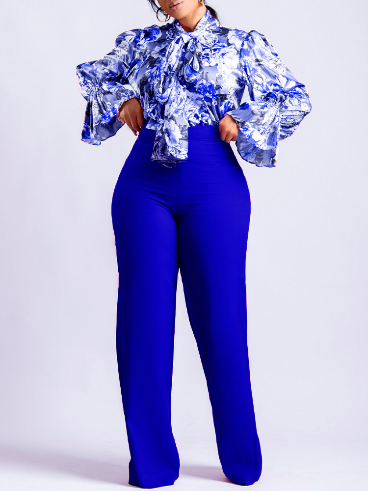 Loose Casual Printed Long-Sleeved Shirt And Wide-Leg Pants Suit