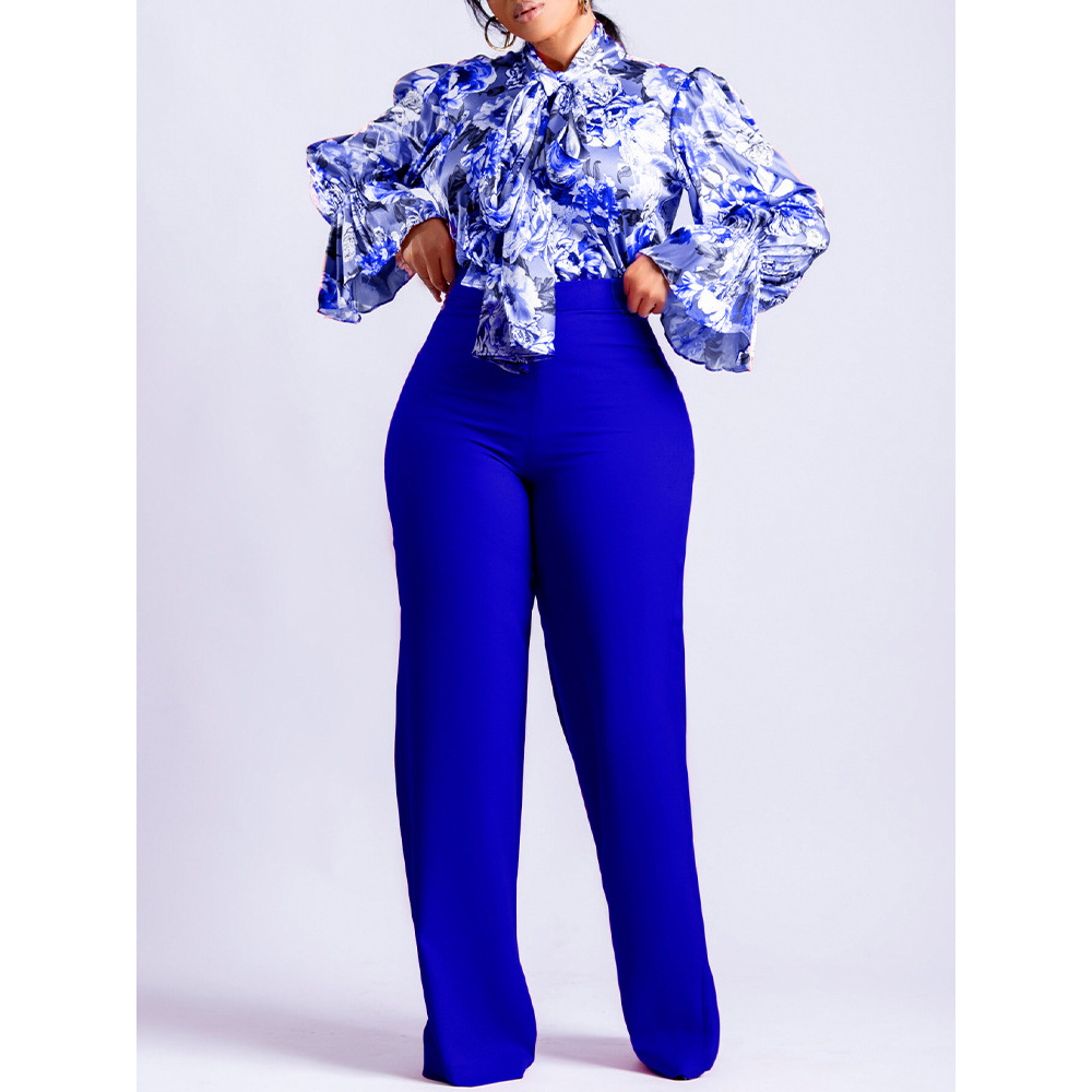 Loose Casual Printed Long-Sleeved Shirt And Wide-Leg Pants Suit