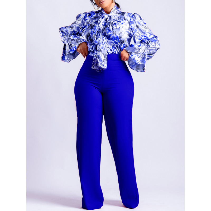 Loose Casual Printed Long-Sleeved Shirt And Wide-Leg Pants Suit