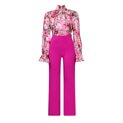 Loose Casual Printed Long-Sleeved Shirt And Wide-Leg Pants Suit 01