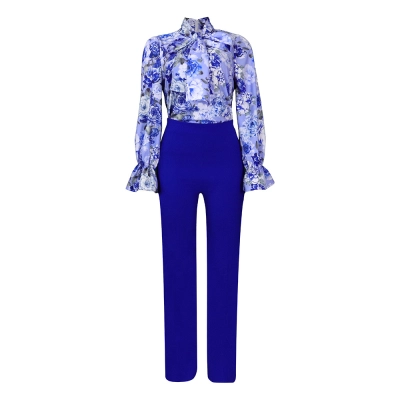Loose Casual Printed Long-Sleeved Shirt And Wide-Leg Pants Suit 02
