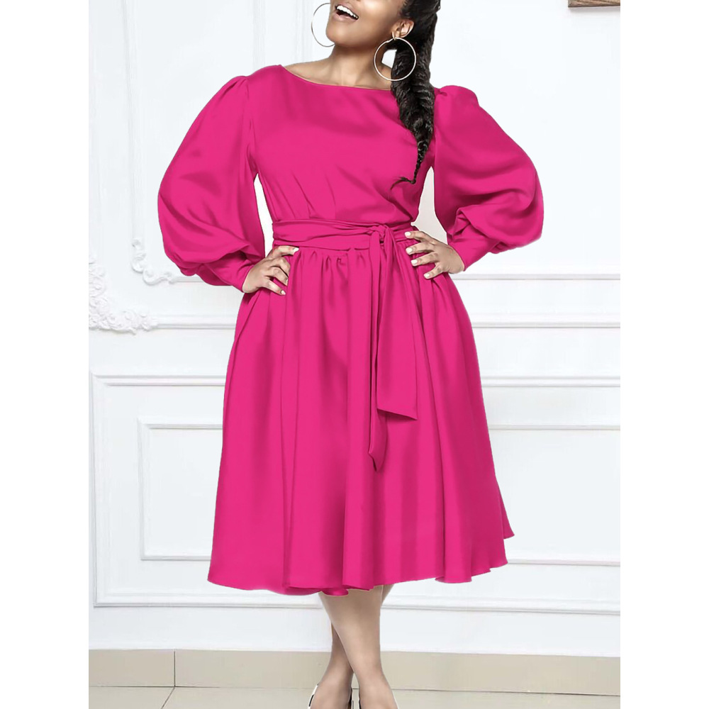 New Long Sleeve Round Neck Tie Solid Color A-Line Dress