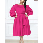 New Long Sleeve Round Neck Tie Solid Color A-Line Dress