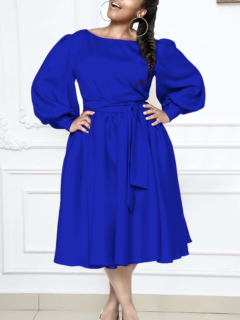 New Long Sleeve Round Neck Tie Solid Color A-Line Dress