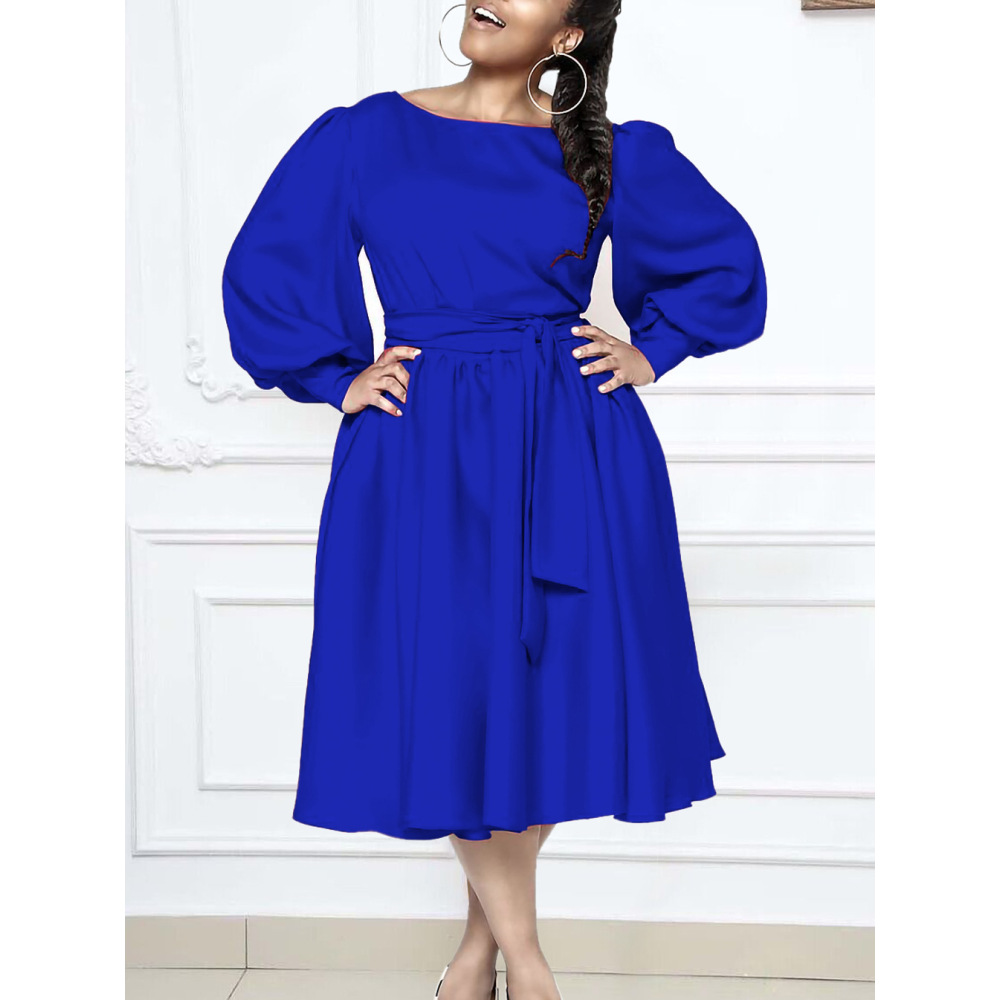 New Long Sleeve Round Neck Tie Solid Color A-Line Dress