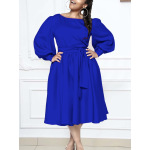 New Long Sleeve Round Neck Tie Solid Color A-Line Dress
