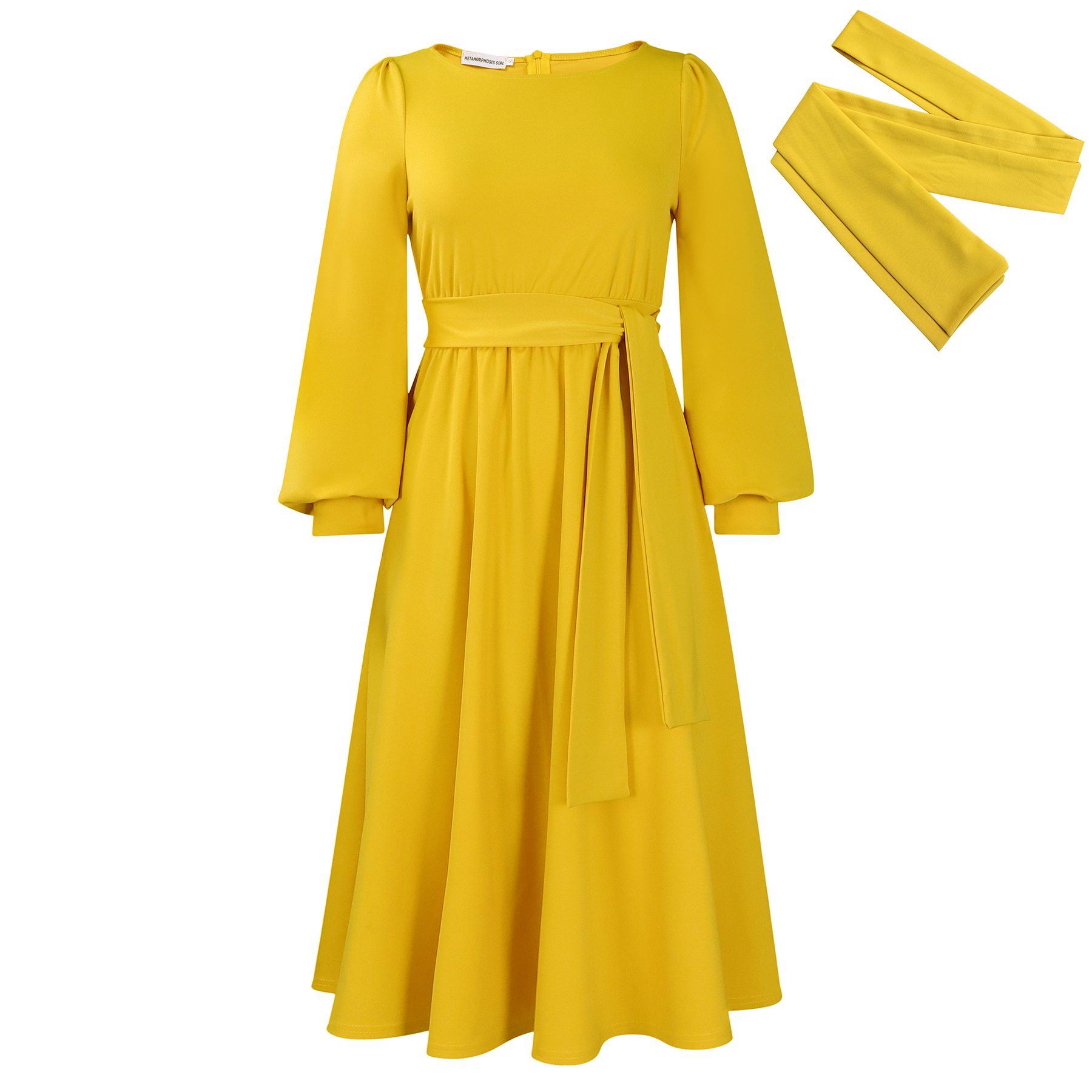 New Long Sleeve Round Neck Tie Solid Color A-Line Dress