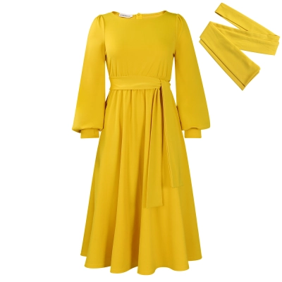 New Long Sleeve Round Neck Tie Solid Color A-Line Dress 02