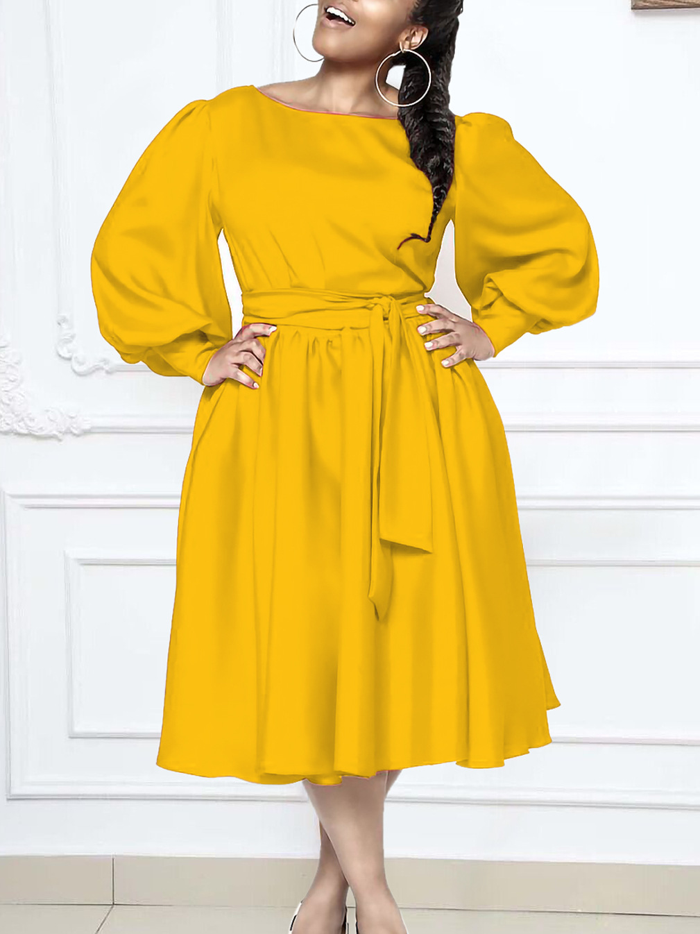 New Long Sleeve Round Neck Tie Solid Color A-Line Dress