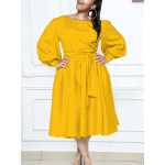 New Long Sleeve Round Neck Tie Solid Color A-Line Dress