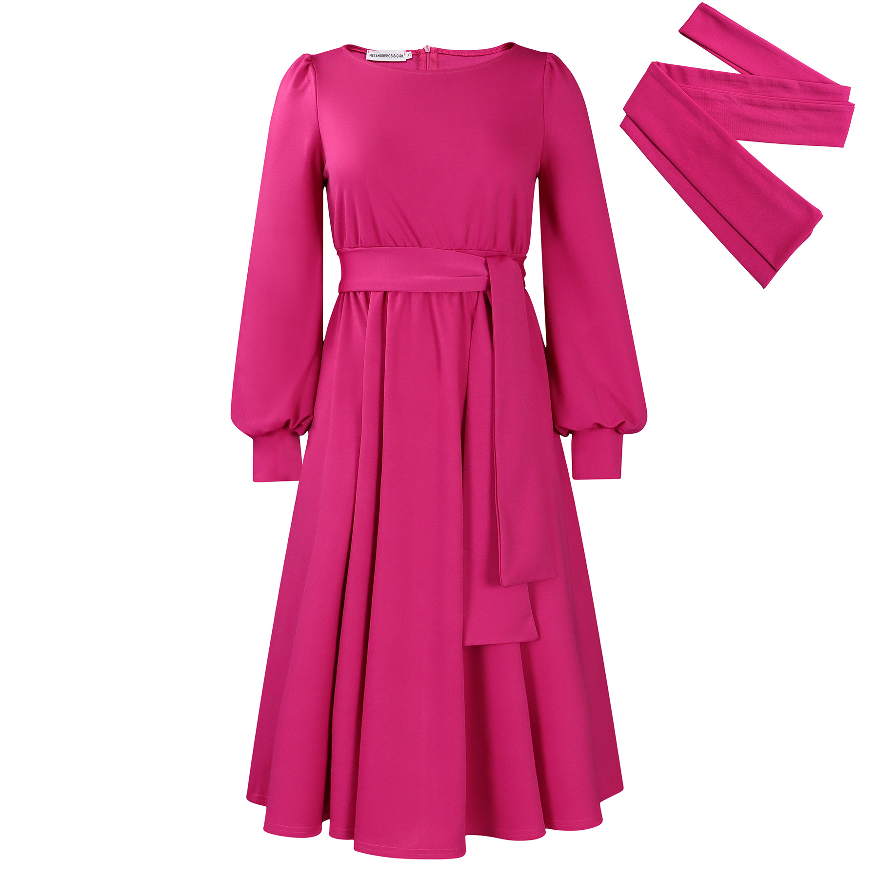 New Long Sleeve Round Neck Tie Solid Color A-Line Dress