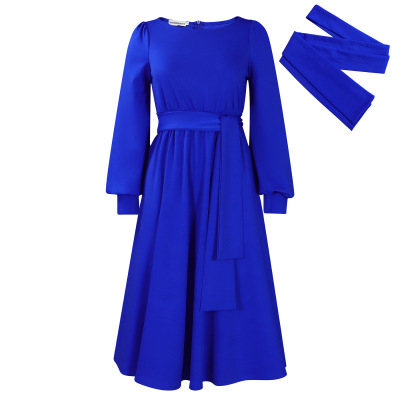 New Long Sleeve Round Neck Tie Solid Color A-Line Dress 01