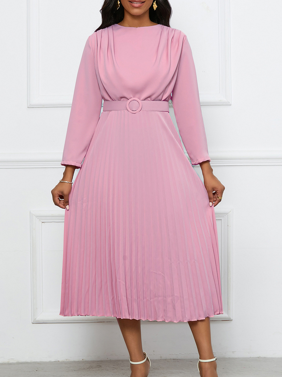 New Style Pleated Commuter OL Solid Color Dress