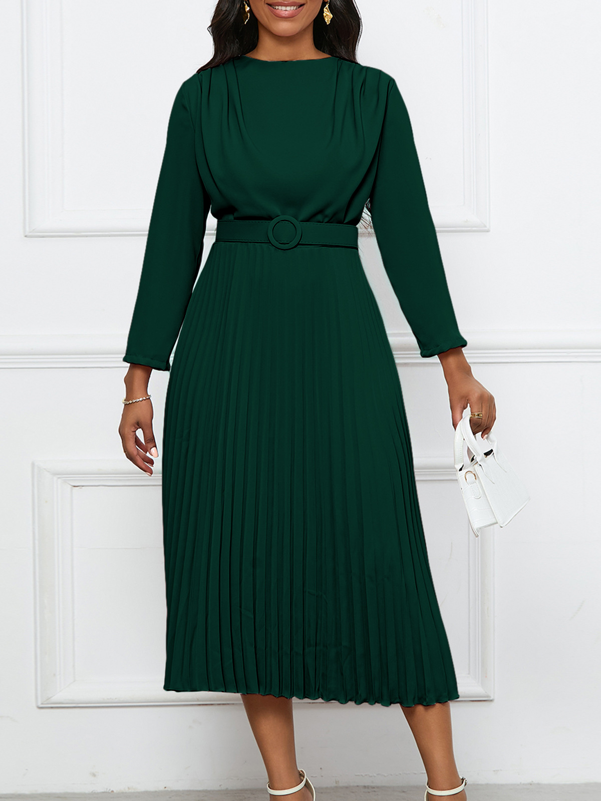 New Style Pleated Commuter OL Solid Color Dress