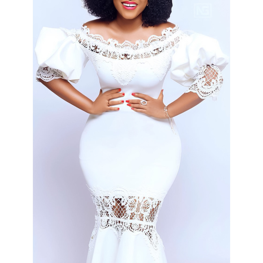 One-Shoulder Puff Sleeve Lace Patchwork Mermaid Dress