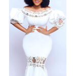One-Shoulder Puff Sleeve Lace Patchwork Mermaid Dress