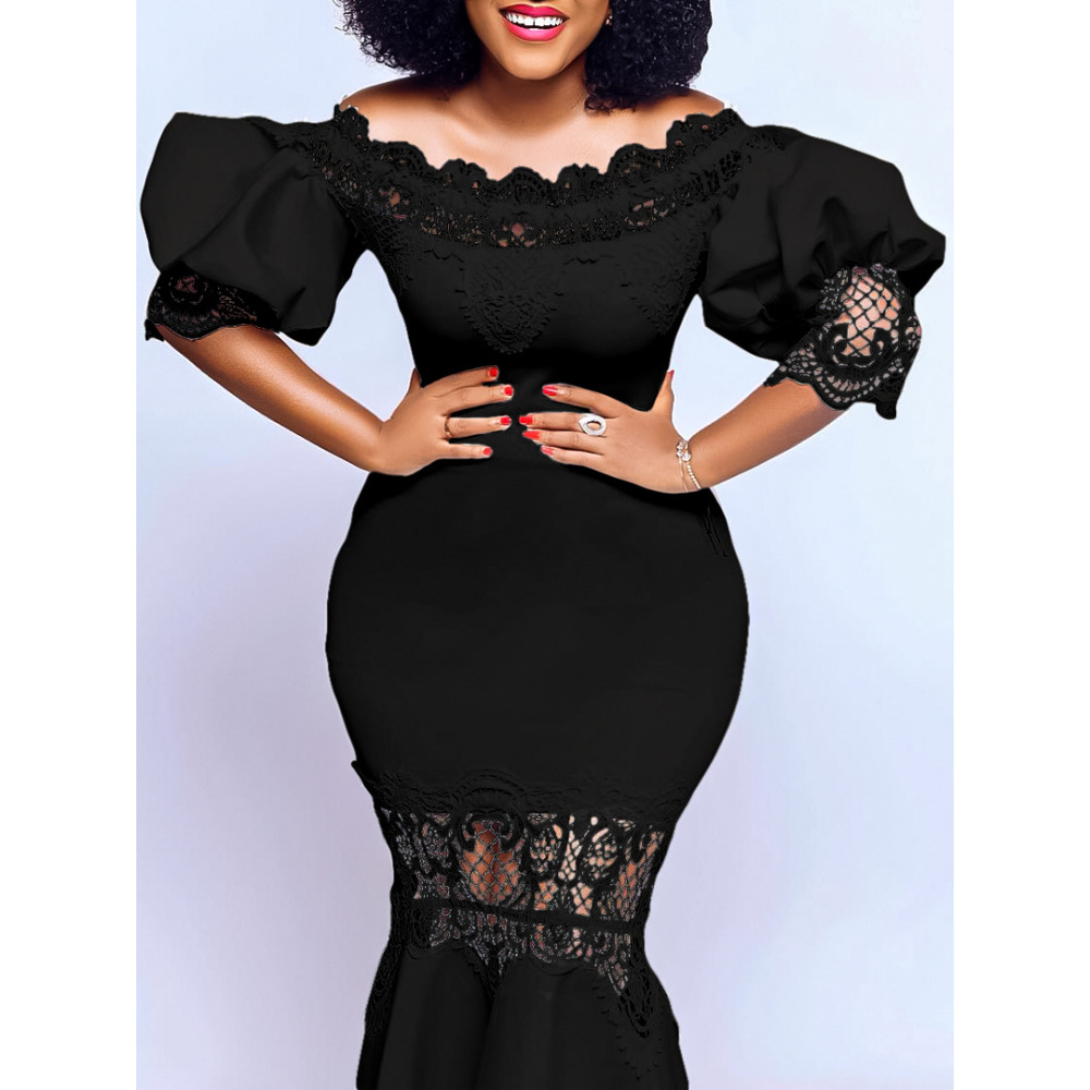 One-Shoulder Puff Sleeve Lace Patchwork Mermaid Dress