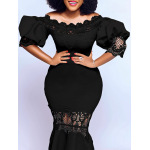 One-Shoulder Puff Sleeve Lace Patchwork Mermaid Dress