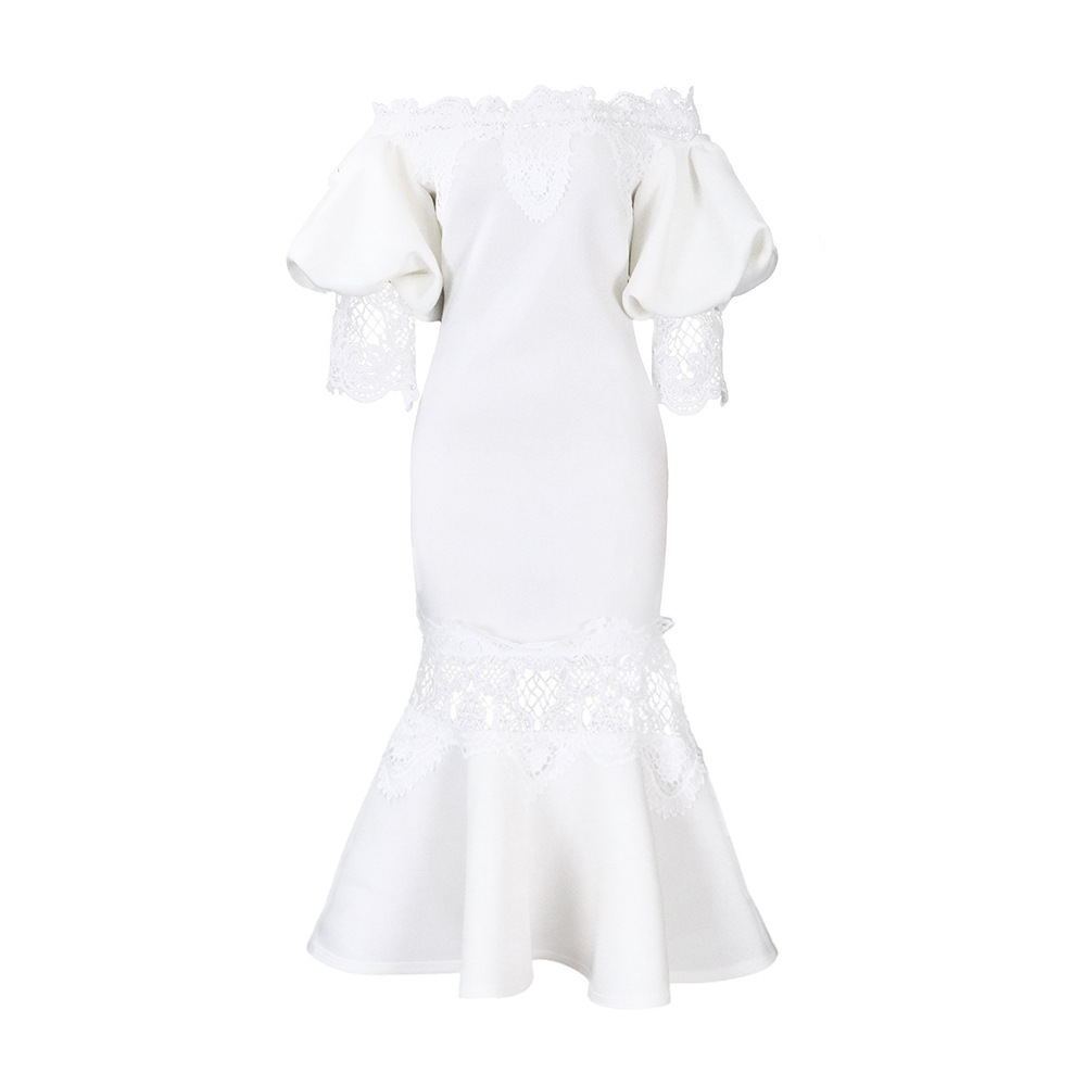 One-Shoulder Puff Sleeve Lace Patchwork Mermaid Dress
