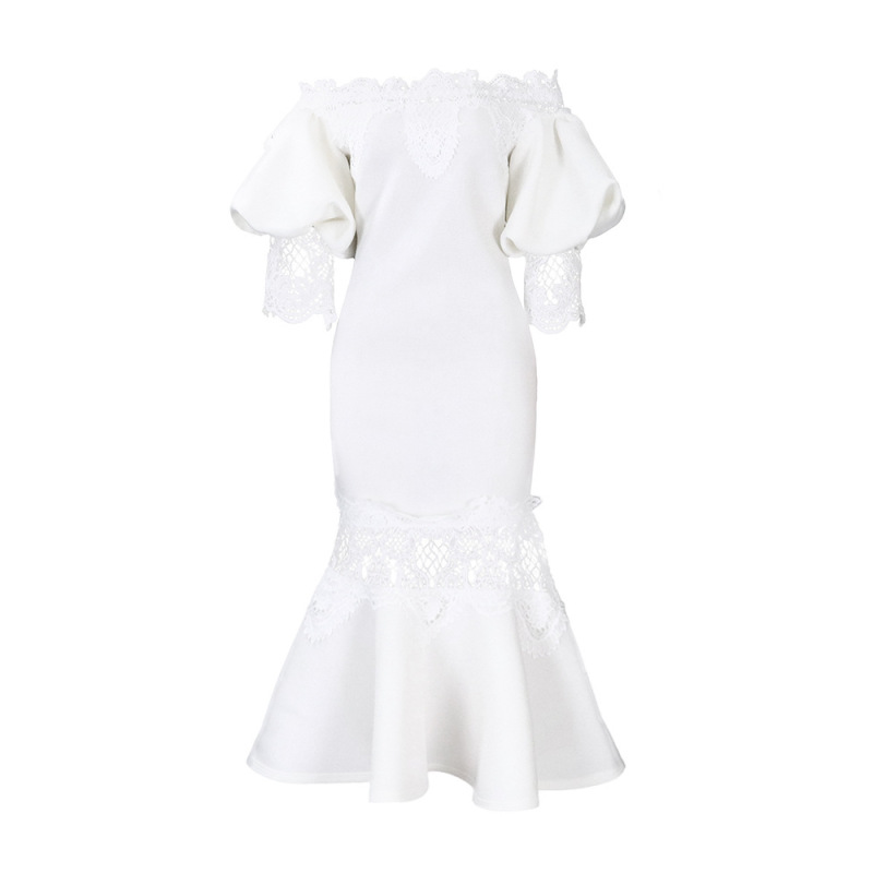 One-Shoulder Puff Sleeve Lace Patchwork Mermaid Dress