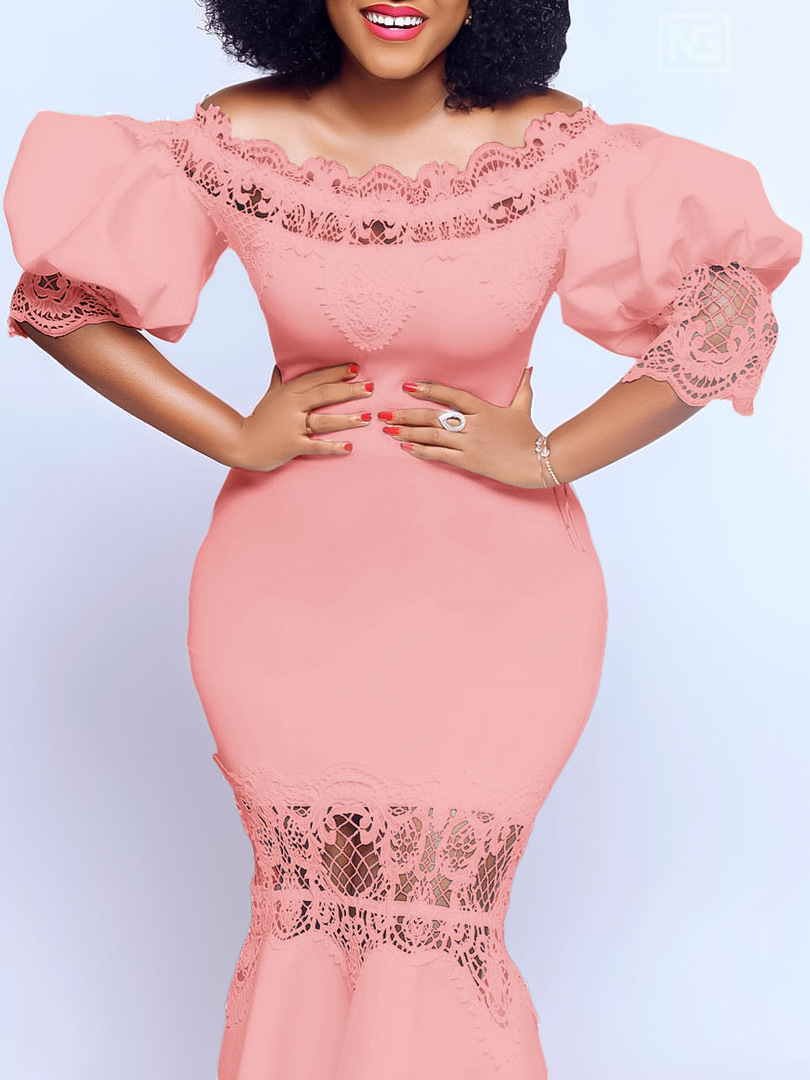 One-Shoulder Puff Sleeve Lace Patchwork Mermaid Dress