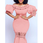One-Shoulder Puff Sleeve Lace Patchwork Mermaid Dress