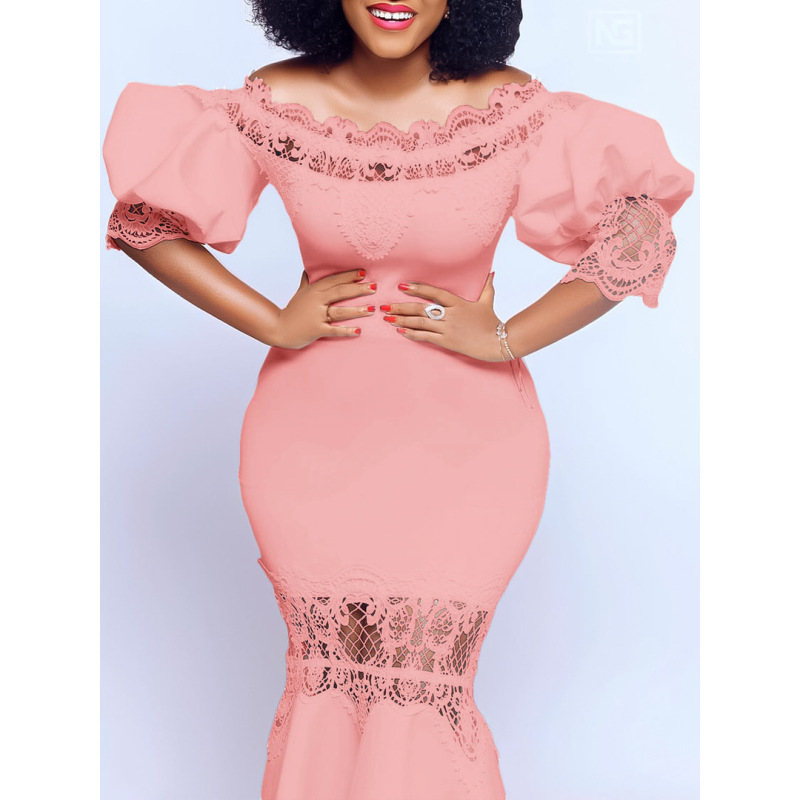 One-Shoulder Puff Sleeve Lace Patchwork Mermaid Dress