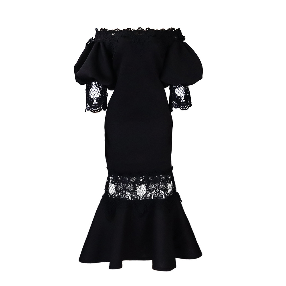 One-Shoulder Puff Sleeve Lace Patchwork Mermaid Dress