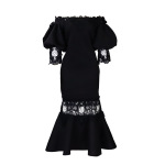 One-Shoulder Puff Sleeve Lace Patchwork Mermaid Dress