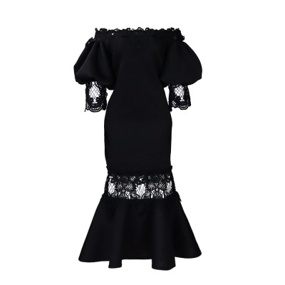 One-Shoulder Puff Sleeve Lace Patchwork Mermaid Dress 01