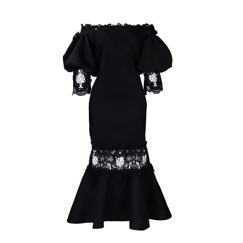 One-Shoulder Puff Sleeve Lace Patchwork Mermaid Dress