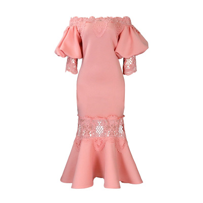 One-Shoulder Puff Sleeve Lace Patchwork Mermaid Dress 02