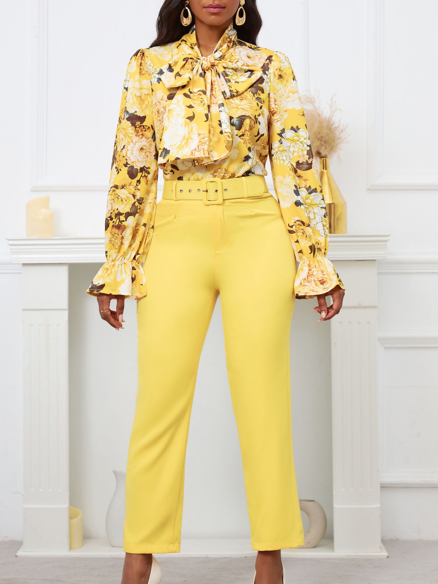 Printed Tie Long Sleeve Top High Waisted Trousers Casual Pants Set