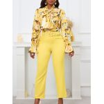 Printed Tie Long Sleeve Top High Waisted Trousers Casual Pants Set