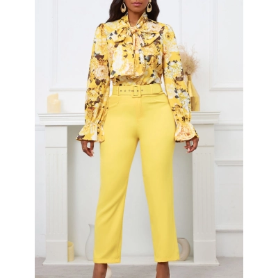 Printed Tie Long Sleeve Top High Waisted Trousers Casual Pants Set 01