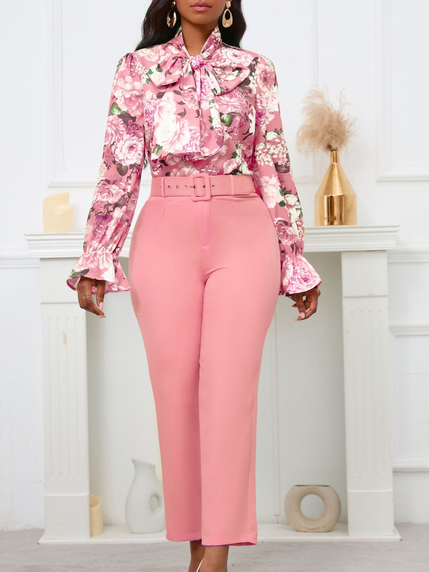 Printed Tie Long Sleeve Top High Waisted Trousers Casual Pants Set