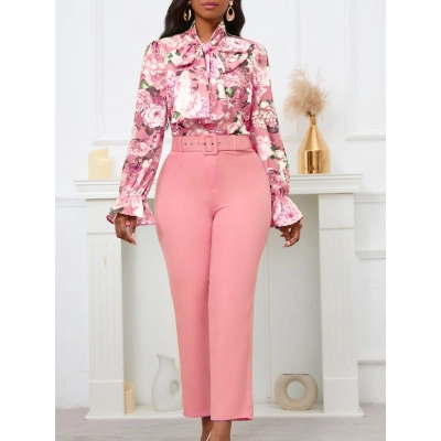 Printed Tie Long Sleeve Top High Waisted Trousers Casual Pants Set 02