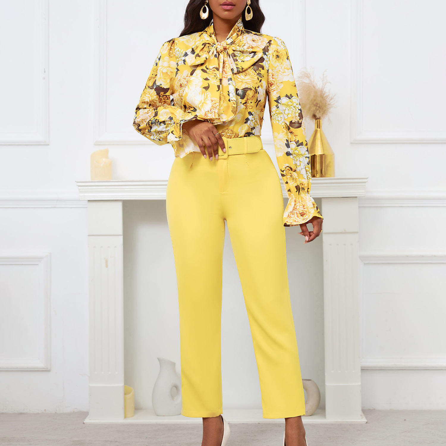 Printed Tie Long Sleeve Top High Waisted Trousers Casual Pants Set