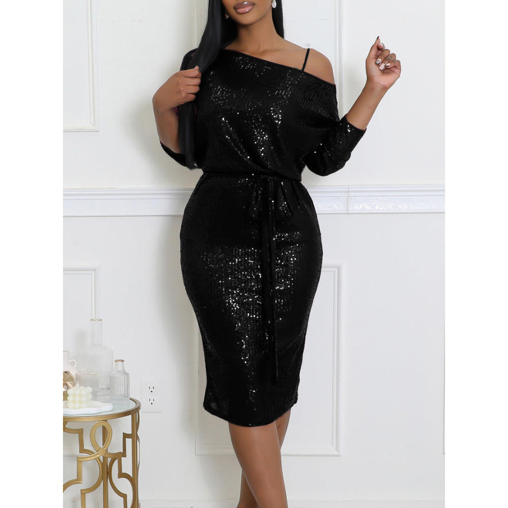 Slant Collar Sequined One-Shoulder Party Dress Two-Piece Suit
