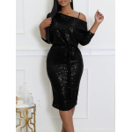 Slant Collar Sequined One-Shoulder Party Dress Two-Piece Suit