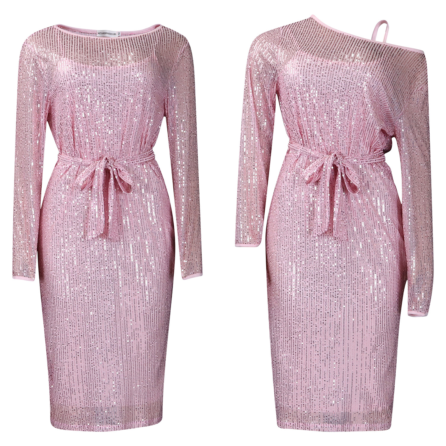 Slant Collar Sequined One-Shoulder Party Dress Two-Piece Suit