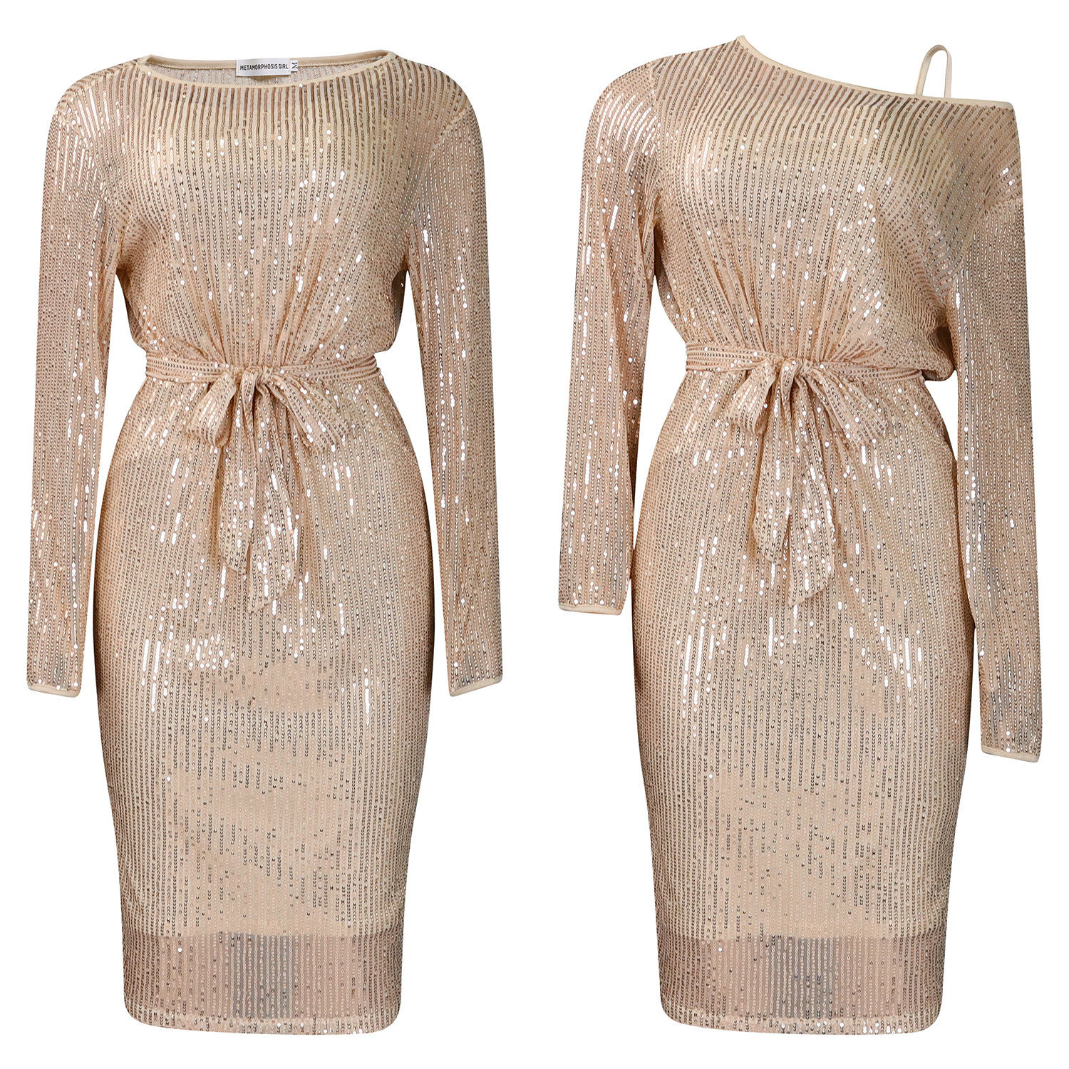 Slant Collar Sequined One-Shoulder Party Dress Two-Piece Suit