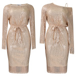 Slant Collar Sequined One-Shoulder Party Dress Two-Piece Suit