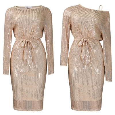 Slant Collar Sequined One-Shoulder Party Dress Two-Piece Suit 01