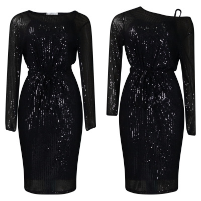 Slant Collar Sequined One-Shoulder Party Dress Two-Piece Suit 02