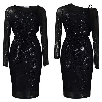 Slant Collar Sequined One-Shoulder Party Dress Two-Piece Suit 02