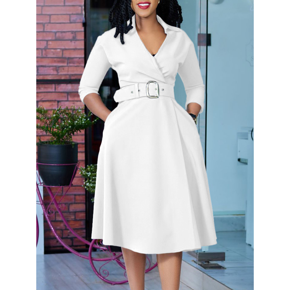 Spring New Fashion Lapel Solid Color High Waist Elegant Dress