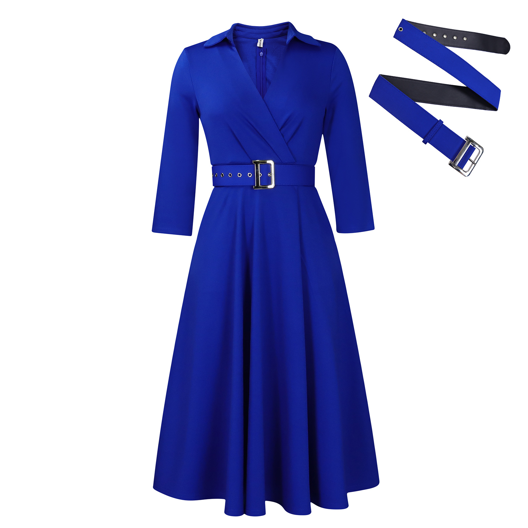 Spring New Fashion Lapel Solid Color High Waist Elegant Dress