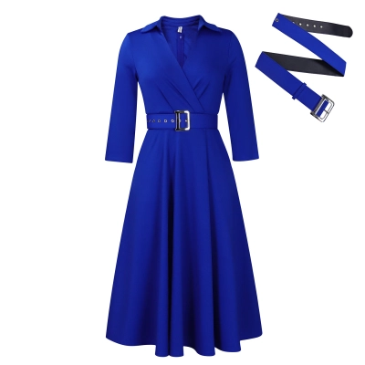 Spring New Fashion Lapel Solid Color High Waist Elegant Dress 01